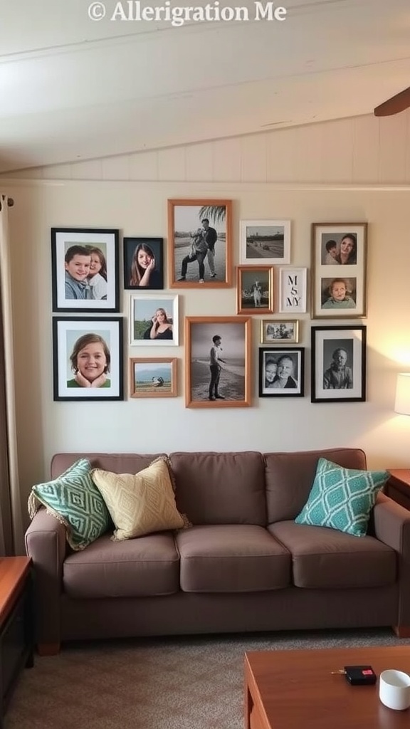 Cozy living room with a brown couch and a gallery wall featuring framed photos