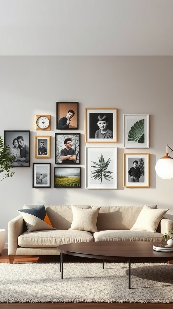 A minimalist bohemian living room featuring a gallery wall filled with framed photos and art.