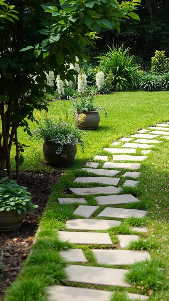 A stone pathway meandering through a green garden, featuring potted plants and vibrant foliage.