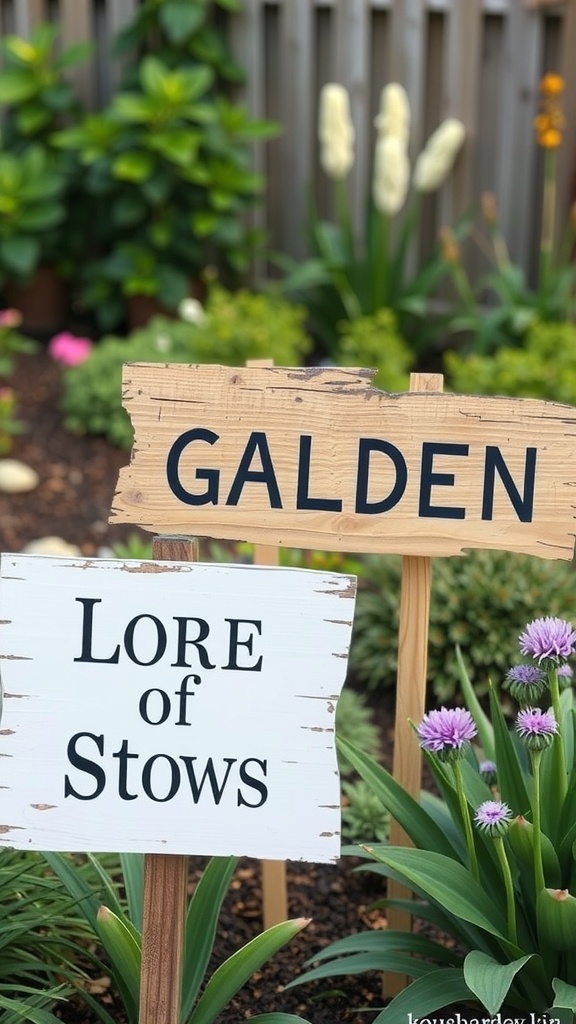 Two personalized wooden garden signs in a flower garden.