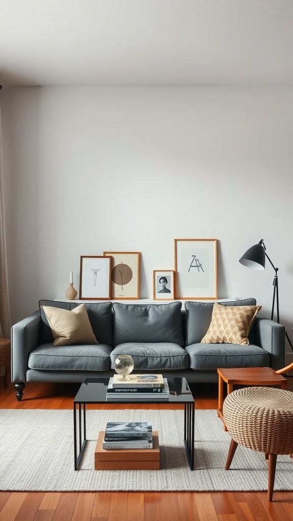 A minimalist living room featuring a gray sofa, coffee table with books, and framed wall art.