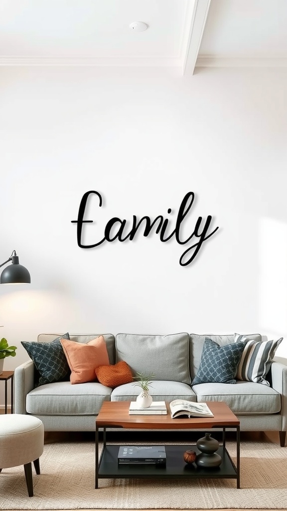 A stylish living room with personalized wall art spelling 'Family' in cursive above a gray couch.