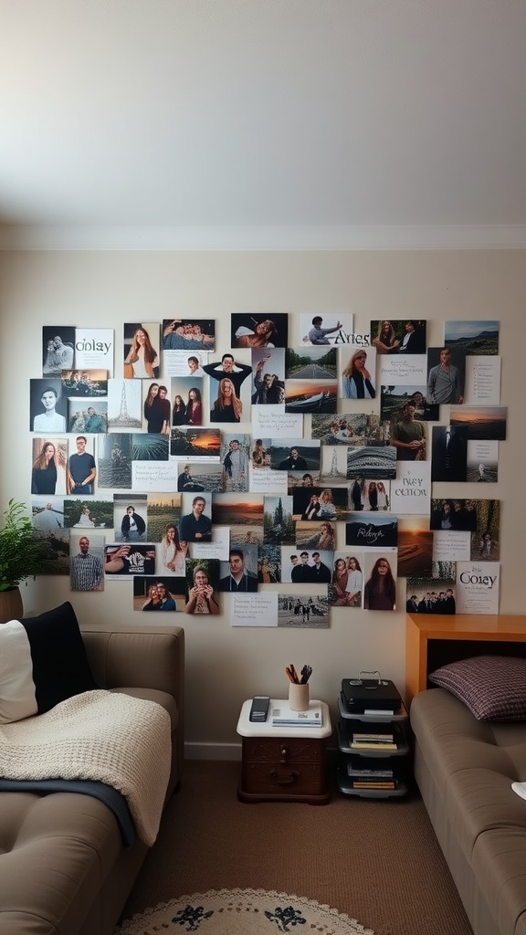 A wall decorated with a collage of personal photos in a cozy dorm living room.