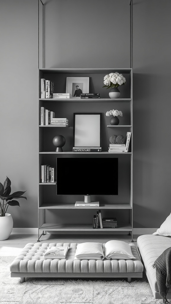 A modern living room featuring personalized shelving with decorative touches