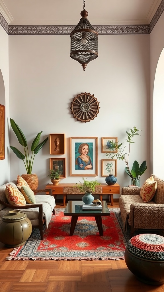 A Moroccan living room featuring cozy furniture, vibrant cushions, framed artworks, plants, and warm lighting.