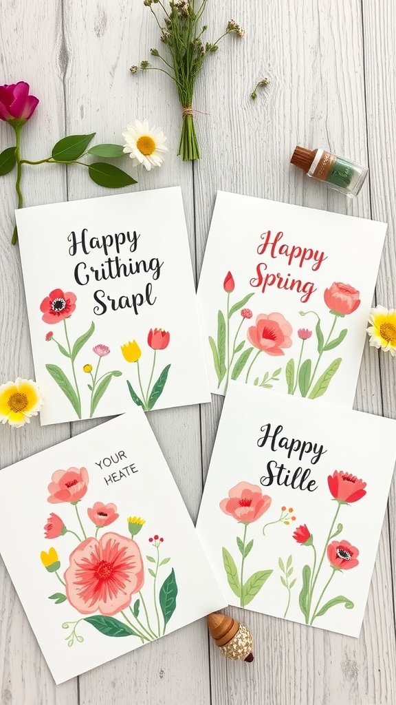 A collection of spring greeting cards featuring floral designs and cheerful messages.