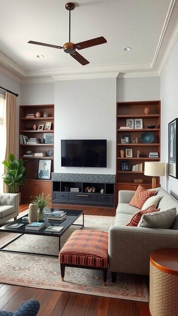 A cozy living room with built-in shelves, a black media unit, and comfortable seating arrangements.