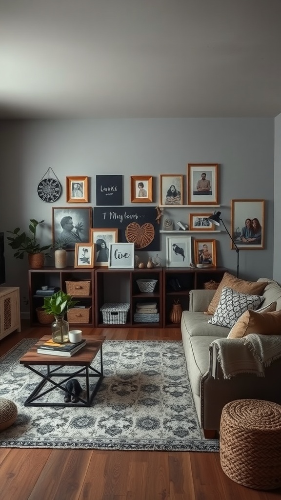 Cozy dark boho living room with framed photos, natural materials, and plants.