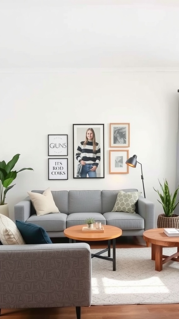 A stylish living room featuring a grey couch, decorative pillows, framed artwork, plants, and wooden coffee tables.