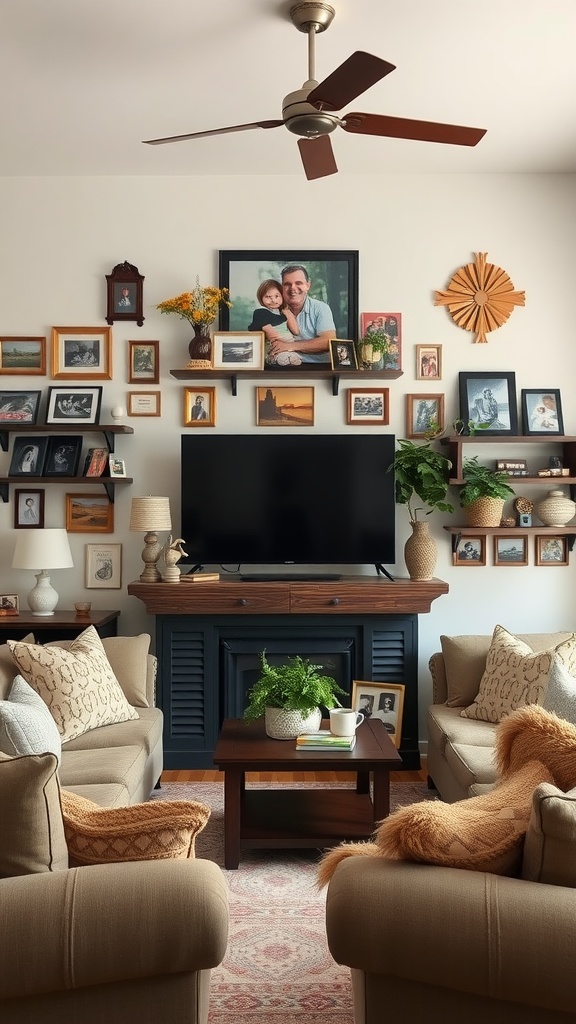 A cozy living room with personal touches, including family photos on the wall and comfortable seating.