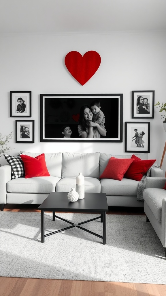 A stylish living room featuring gray couches with red pillows, a heart decoration on the wall, and framed black-and-white family photos.