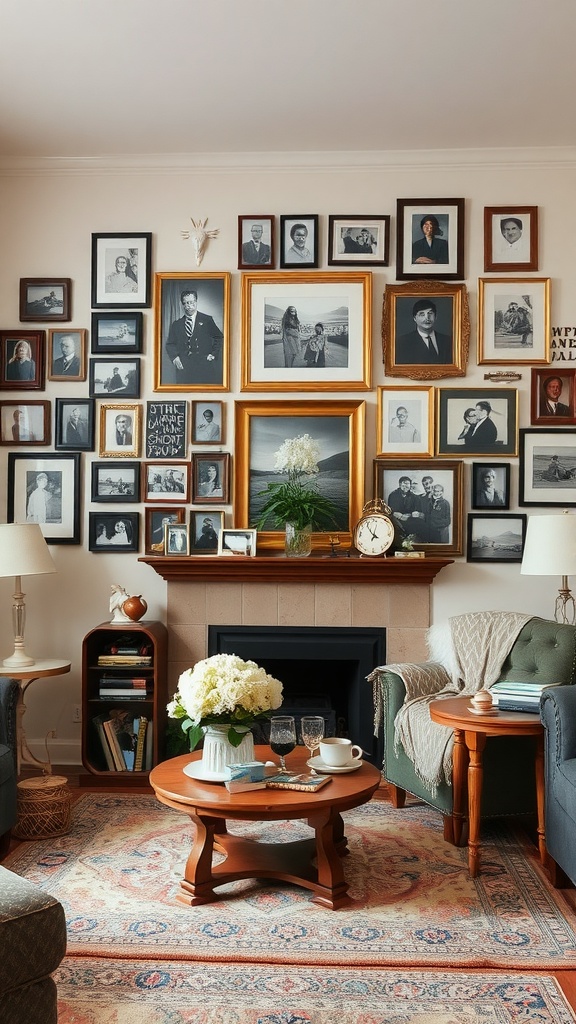 Cottagecore aesthetic living room with a wall of framed photographs, a cozy arrangement of furniture, and floral decor.