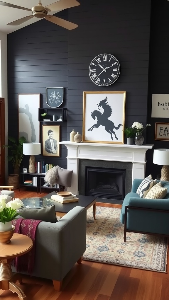 Living room featuring black shiplap walls, stylish furniture, and personalized decor.