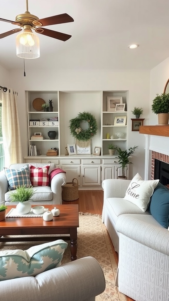 Cozy country living room with comfortable seating, decorative pillows, and greenery