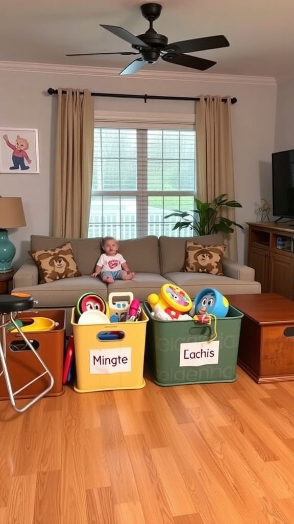 A cozy living room with personalized toy bins labeled Mingte and Eachis, filled with colorful toys.