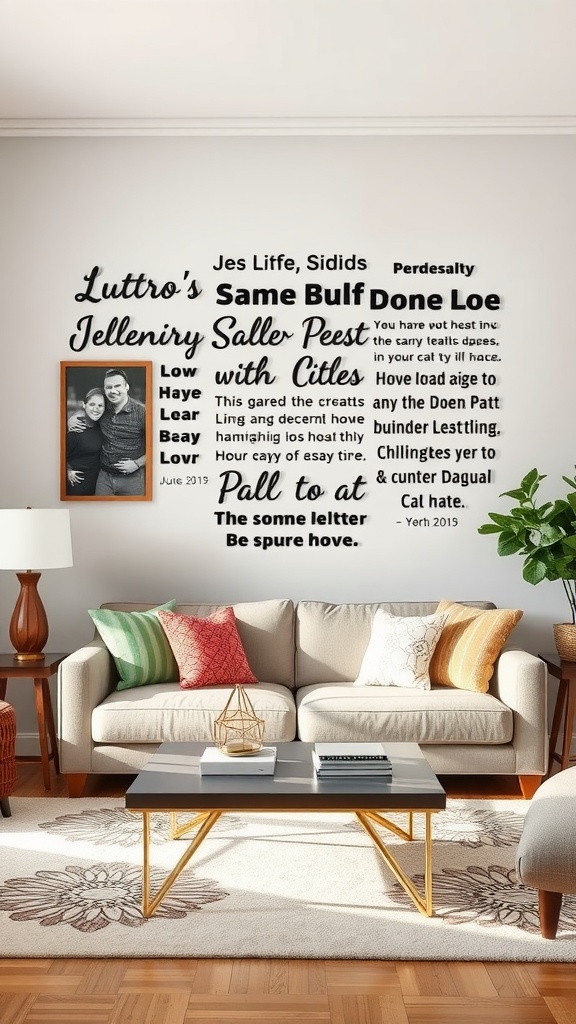 A cozy living room with personalized wall decor featuring words and a family photo.