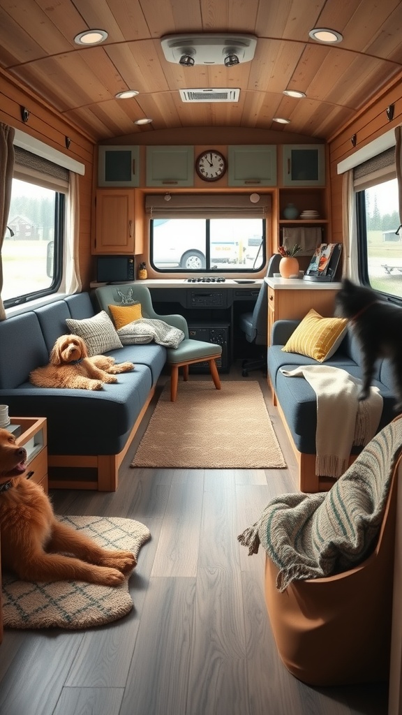 Cozy trailer house living room with dogs lounging on the furniture