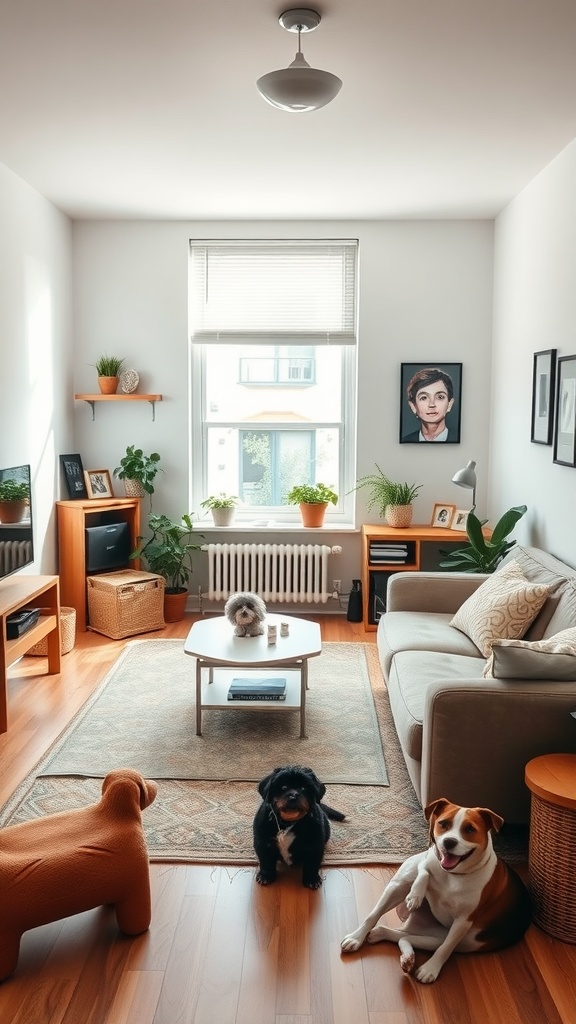 A bright dorm living room featuring a neutral sofa, playful dog sculptures, and three dogs relaxing on the floor.