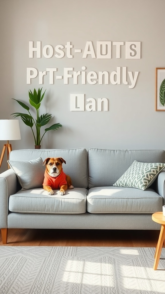 A cozy living room with a light gray sofa and a dog in an orange sweater, highlighting a pet-friendly atmosphere.