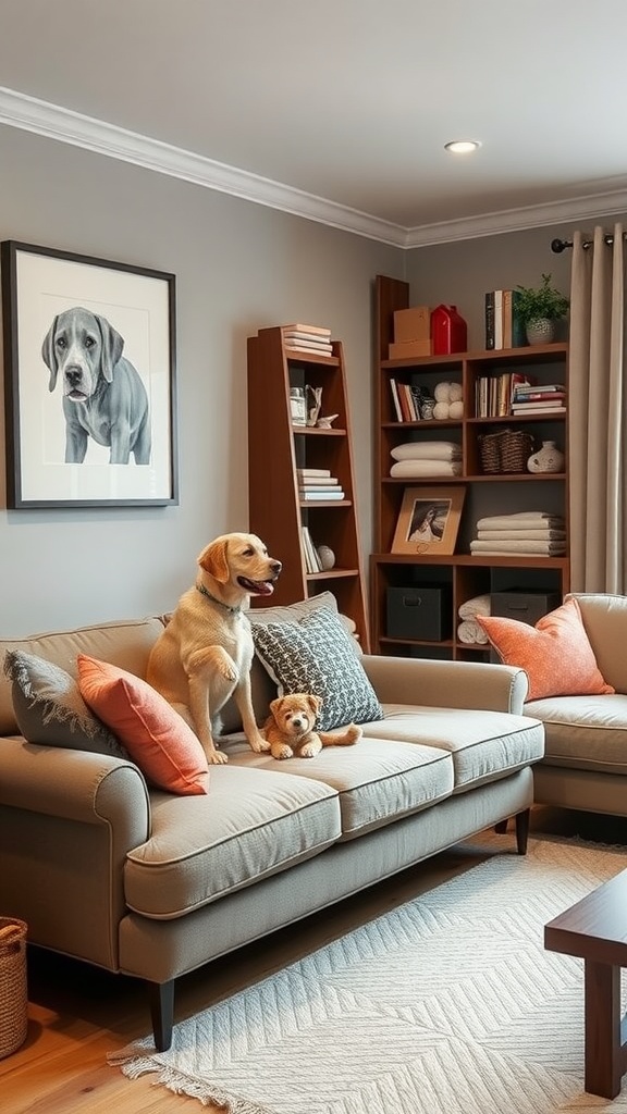 Cozy living room with a sofa, decorative pillows, a dog standing on the couch, and storage shelves in the background.