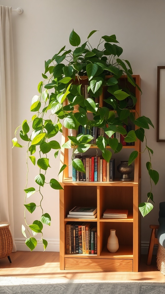 A philodendron plant cascading over a wooden bookshelf in a sunny living room.