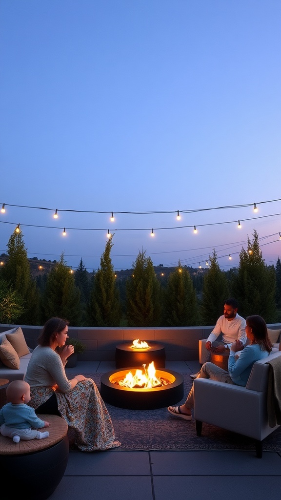 Cozy outdoor gathering around a fire pit with seating and string lights