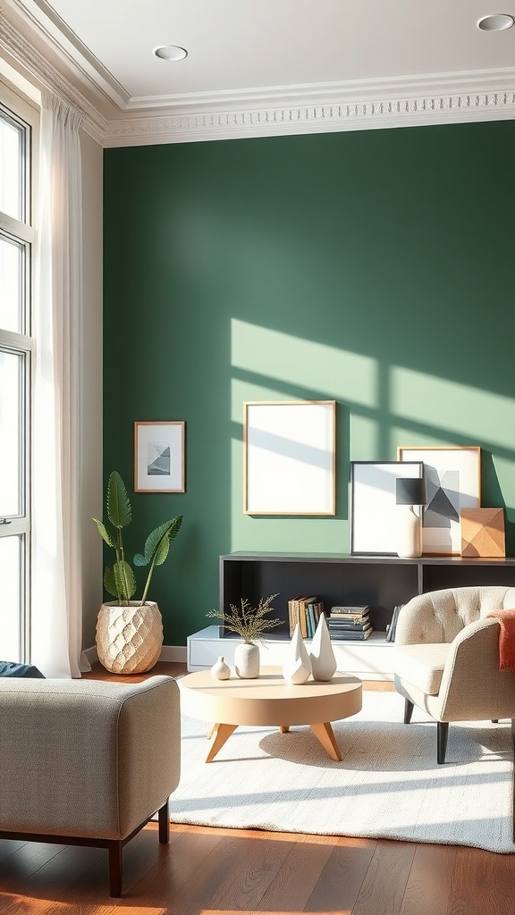 Living room with pine green accent wall, modern furniture, and natural light