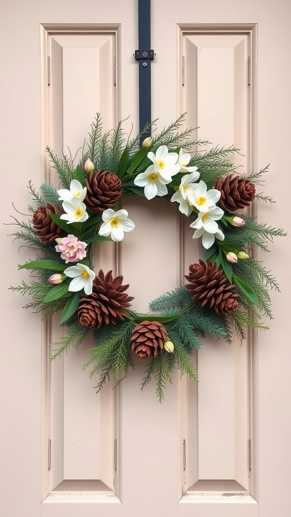 A decorative pinecone and floral wreath on a front door, featuring white and pink flowers.