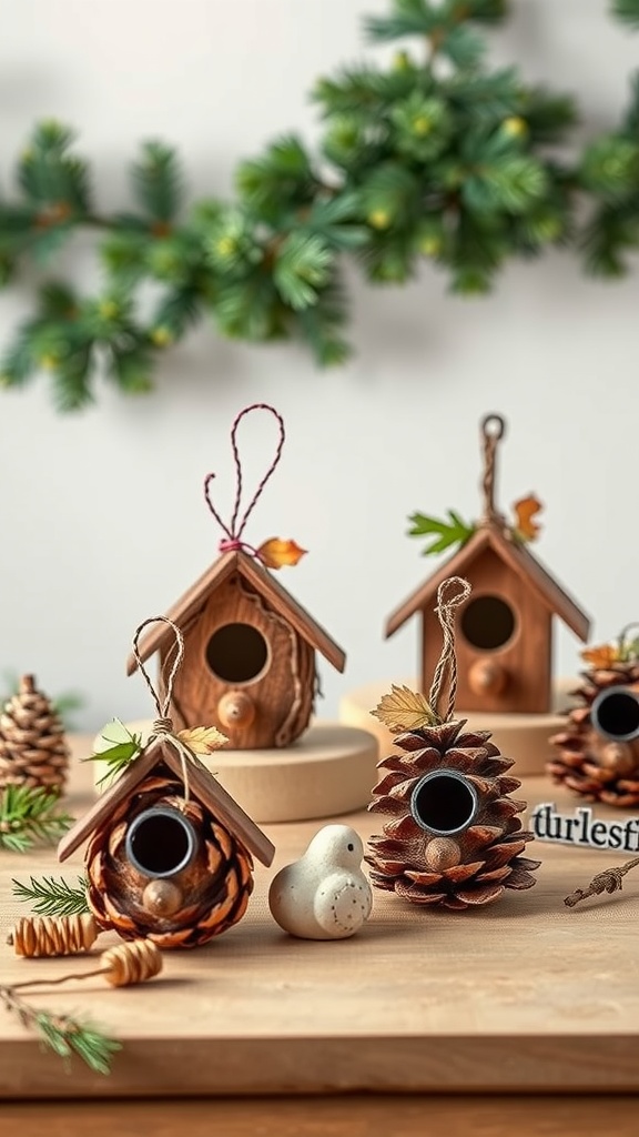 Colorful pinecone birdhouses decorated with leaves and twine, displayed on a wooden table with pinecones and greenery in the background.