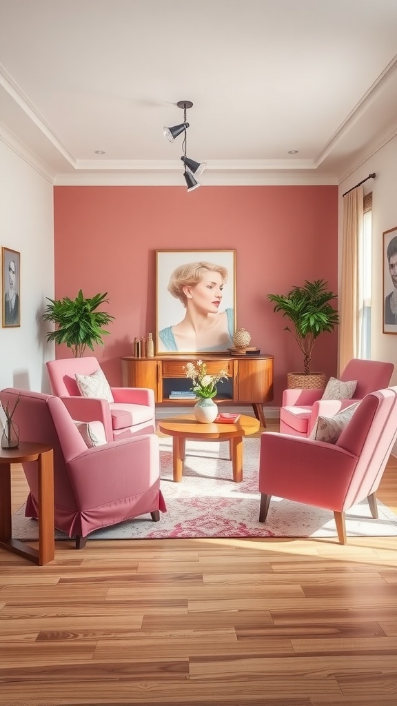 A cozy living room featuring pink accent chairs, wooden flooring, and plants.