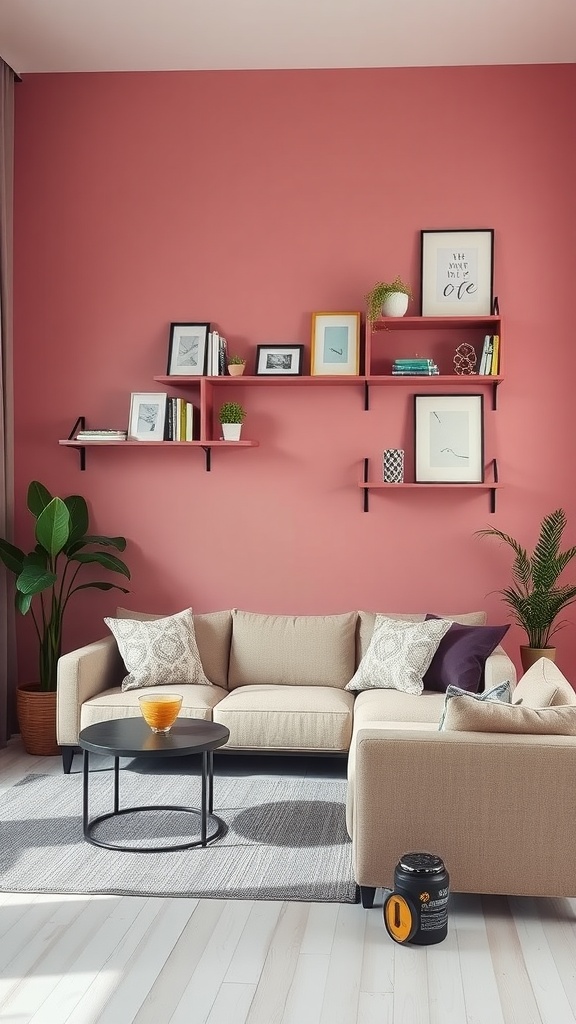 A pink accent wall with floating shelves displaying books and plants in a stylish living room.