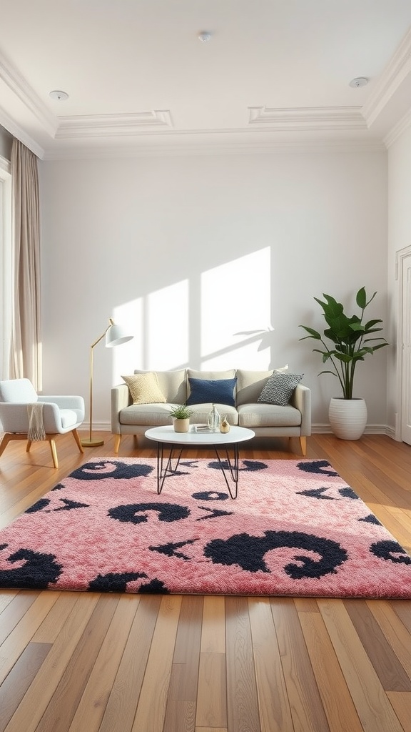 A living room featuring a pink and black area rug with a cozy couch and coffee table.