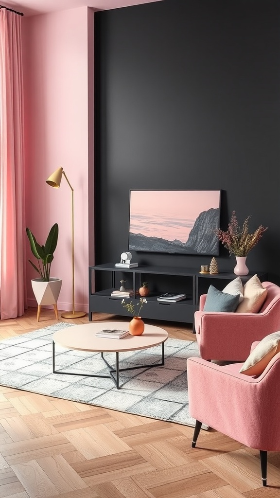 A stylish living room featuring pink walls, black accent wall, pink furniture, and a modern coffee table.