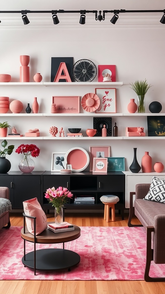 A stylish pink and black living room featuring decorative accents on shelves and furniture.