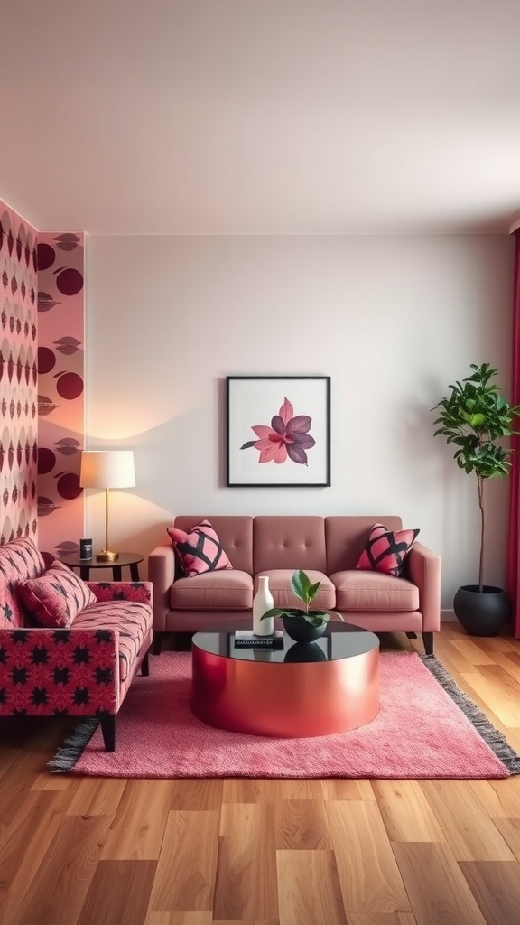 Chic living room featuring pink and black geometric patterns with stylish furniture and decor