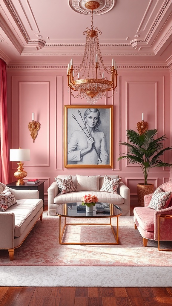 A pink and gold themed living room with elegant furniture and decor.