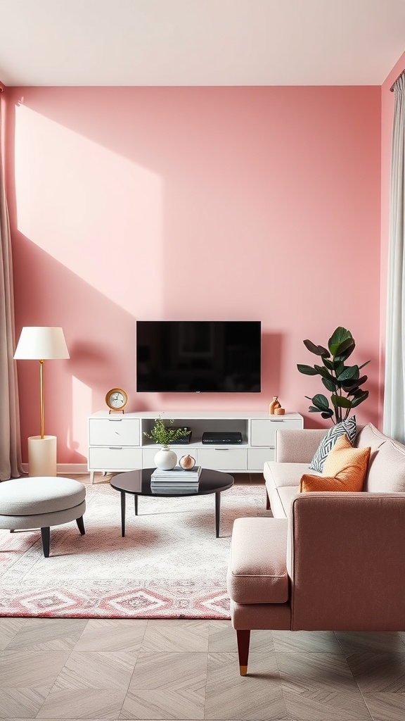 A cozy living room featuring pink walls, a light pink sofa, gray accents, and a stylish coffee table.