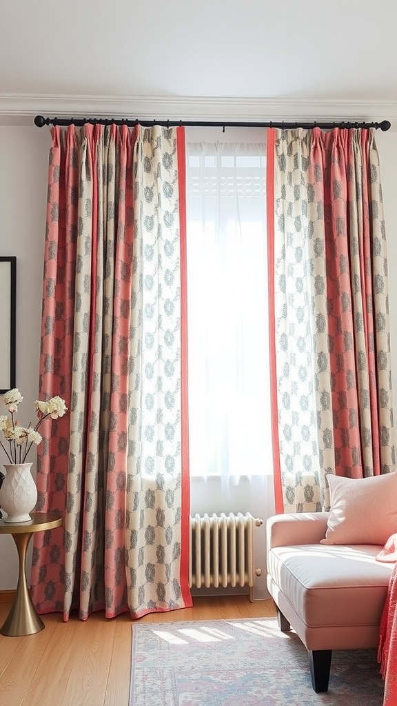 Living room featuring pink and gray patterned curtains, a soft pink sofa, and a warm wooden floor.