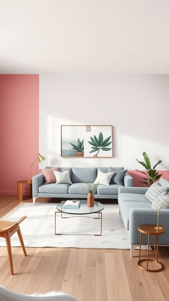 A modern living room featuring pink and grey color blocking with a grey sofa, pink accent wall, and plants.