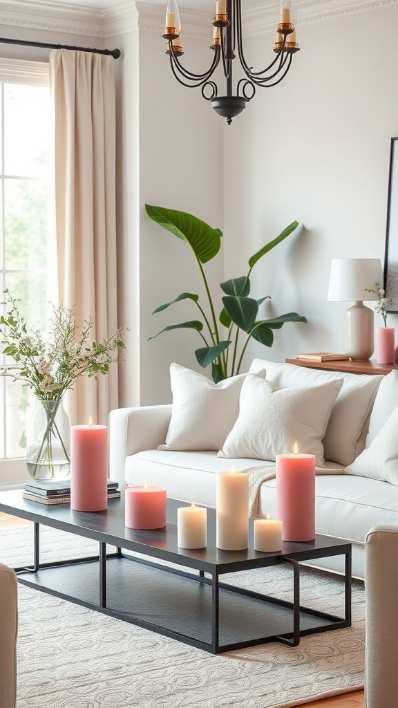 A cozy living room featuring a coffee table with pink and white pillar candles, a comfortable sofa, and natural light from the windows.