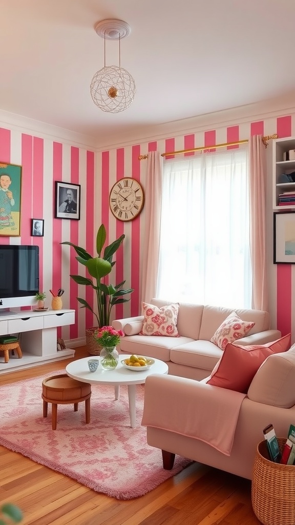 A living room with pink and white striped walls, featuring a light sofa and stylish decor.