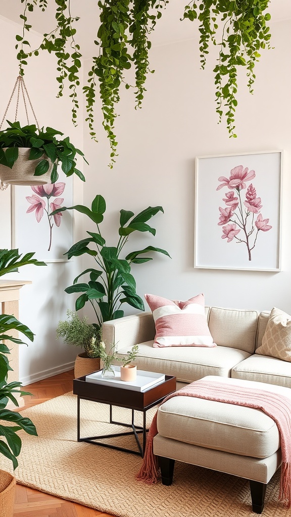 A cozy living room with pink botanical prints, plants, and neutral furniture.