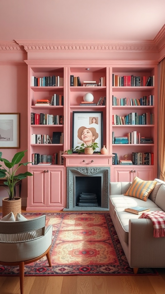 A pink-decorated living room featuring bookshelves filled with books and a cozy seating area.