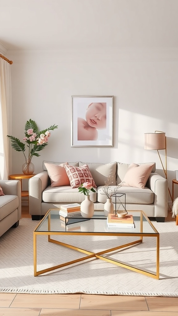 A cozy living room with pink decorative accents, featuring light grey sofas, a glass coffee table, and pink flowers.