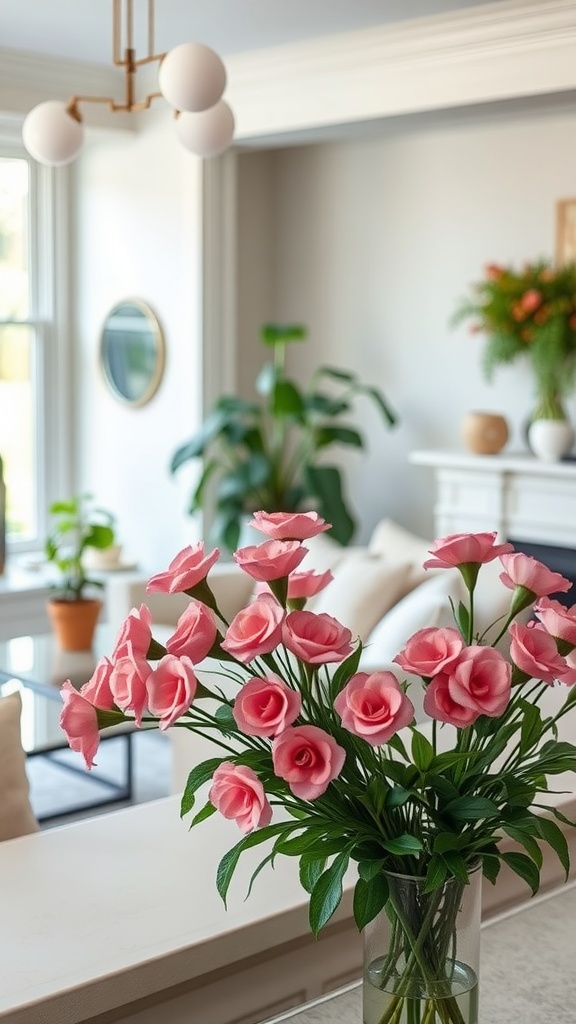 A living room featuring a vase of pink roses with a soft background of neutral colors and greenery.