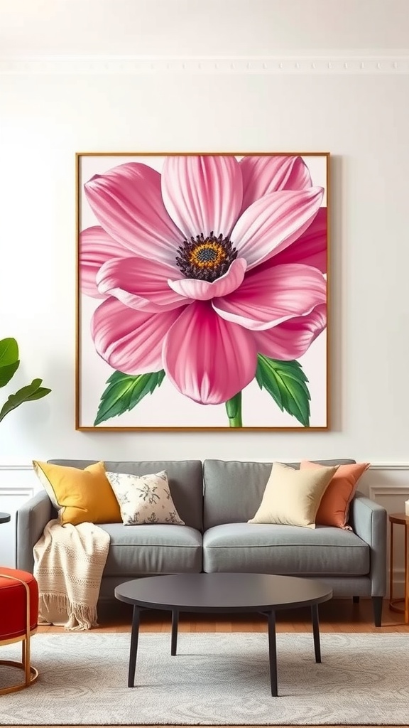 A pink floral artwork featuring a large flower hanging above a gray sofa with colorful cushions in a stylish living room.