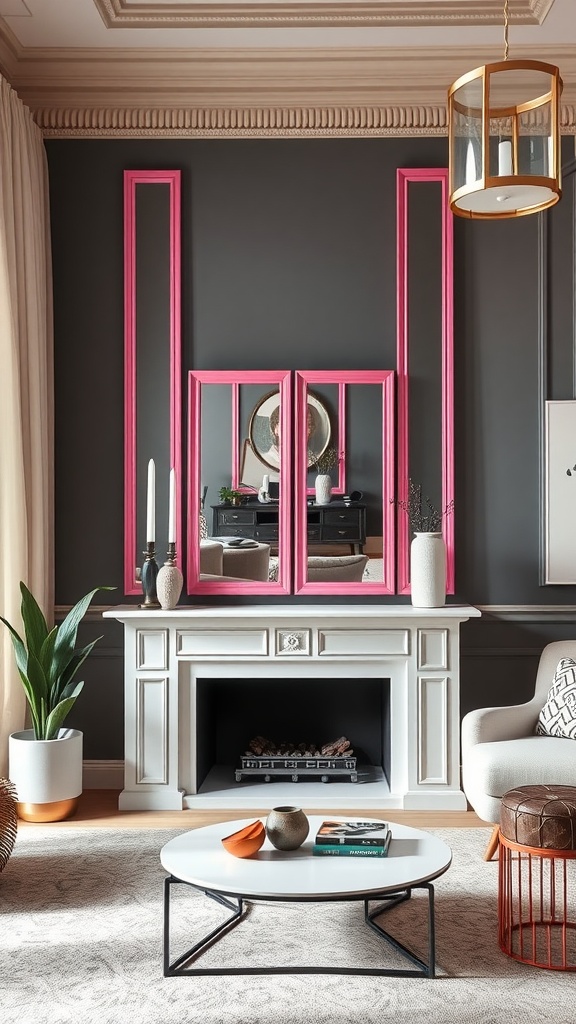 Living room featuring pink framed mirrors on a dark wall with a fireplace and modern furniture.