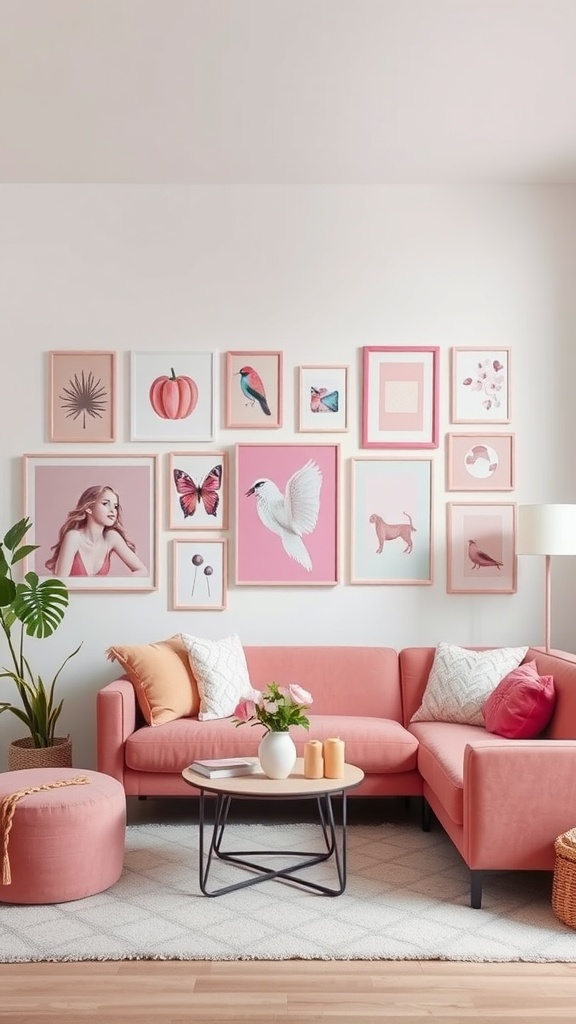 A living room with a pink gallery wall featuring framed art, a pink sofa, and decorative elements.