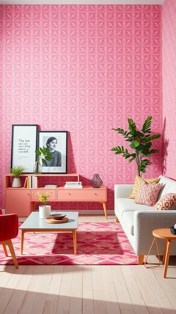 A pink living room featuring a geometric patterned wall, stylish furniture, and decorative plants.