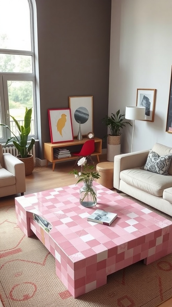 A pink mosaic coffee table in a stylish living room with plants and artwork.